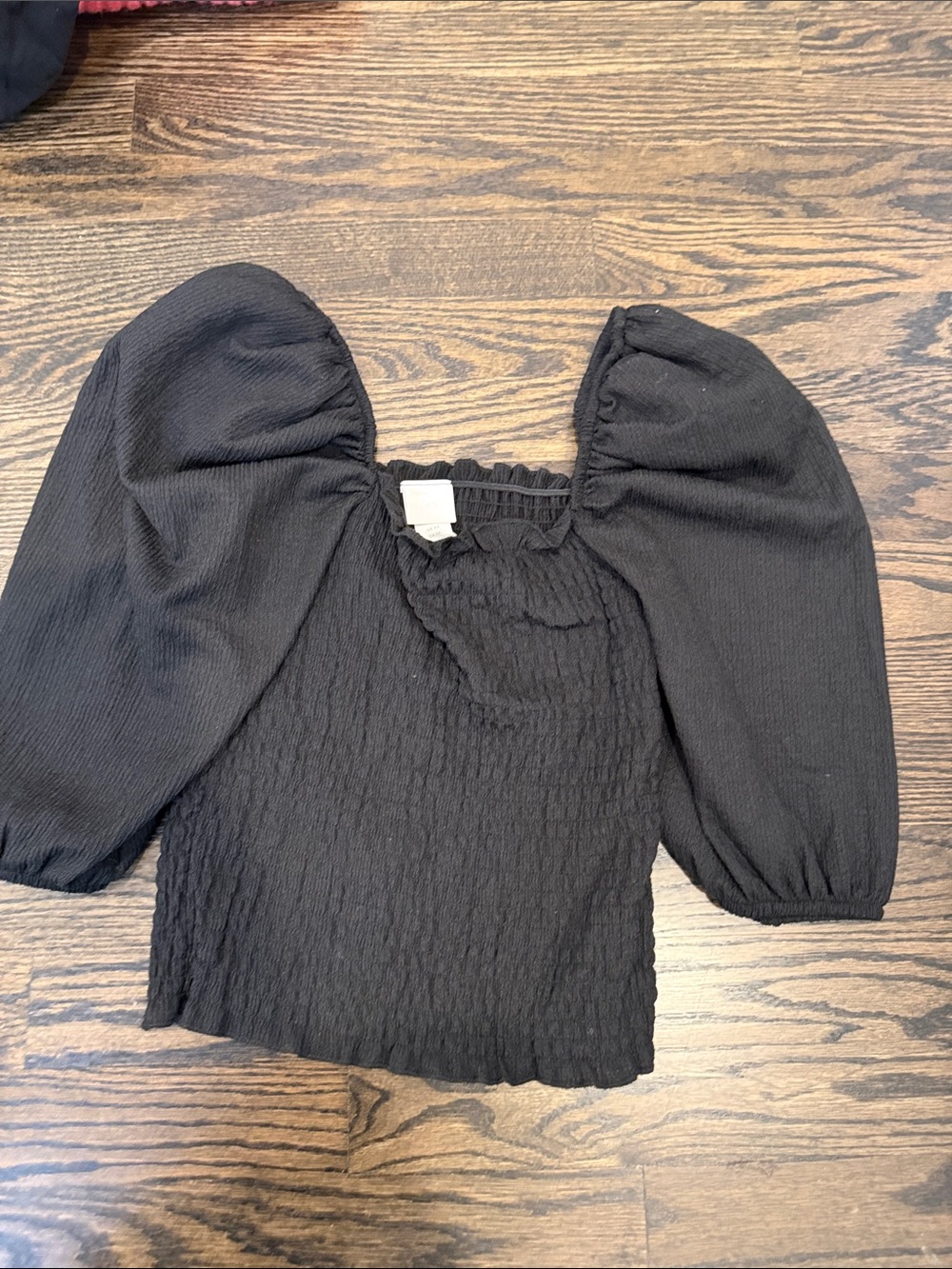 H&M Black Puff Sleeve Smocked Square Neck Top